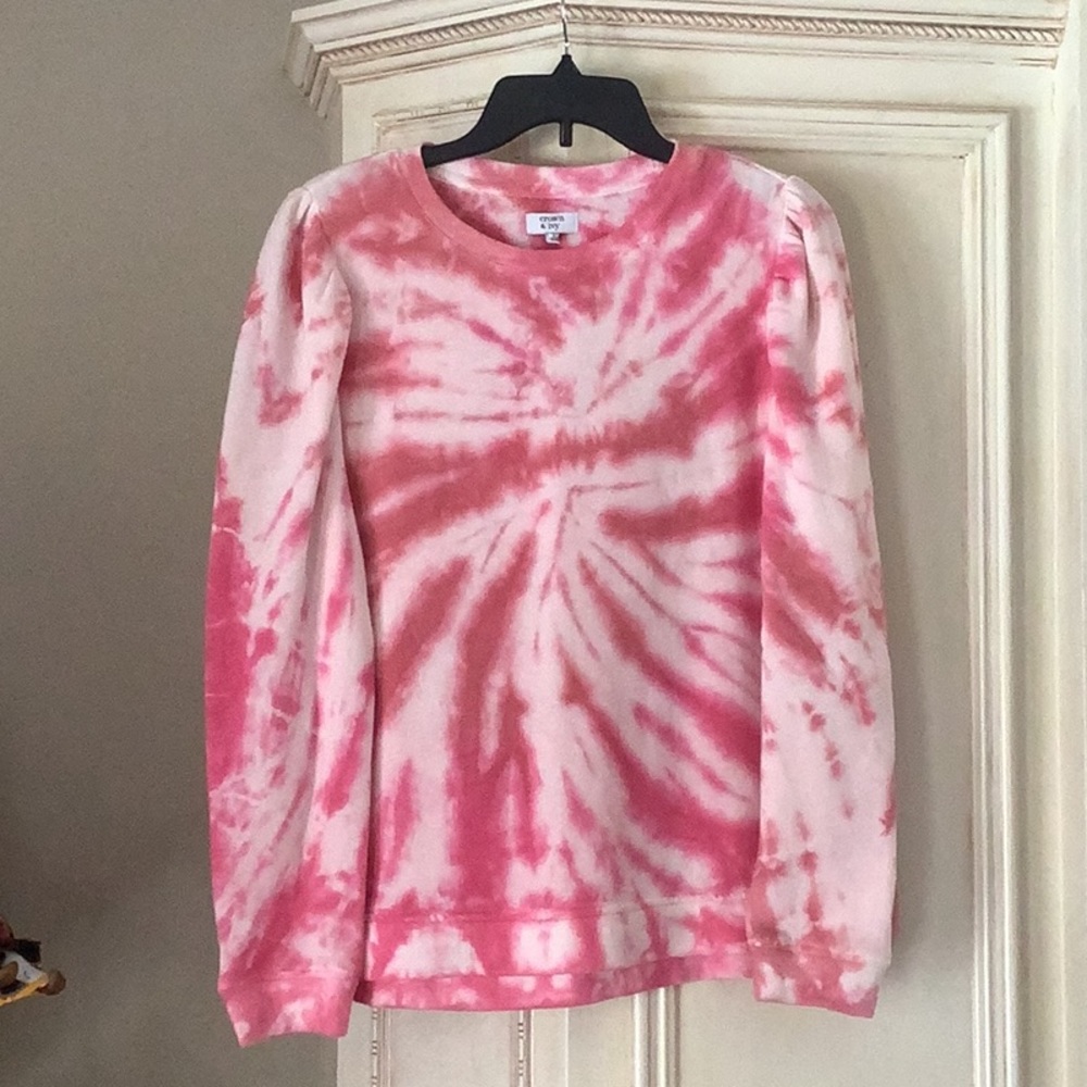 Pink Tie Dye Puff Sleeve Sweatshirt; Size Large